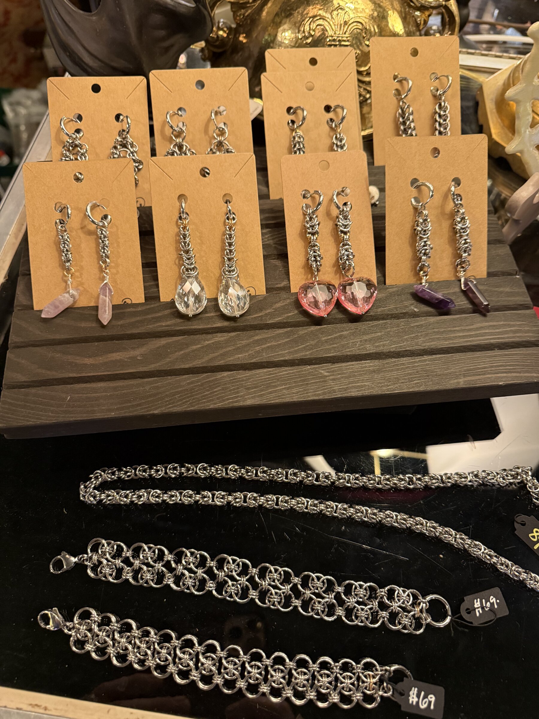 Chainmaille bracelets and earrings on kraft cards
