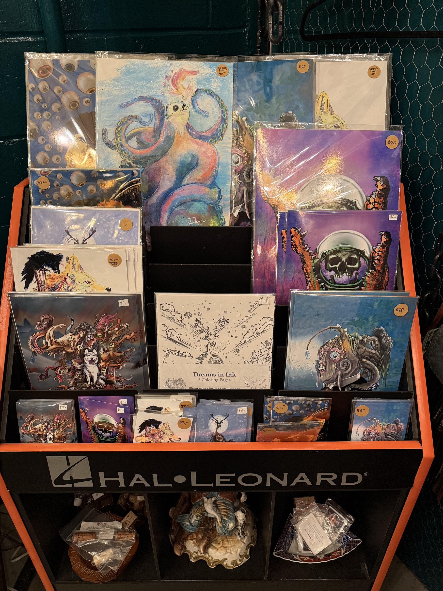 Card display: octopus, witch, horror art prints